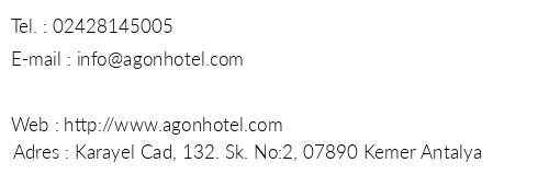 Agon Hotel telefon numaralar, faks, e-mail, posta adresi ve iletiim bilgileri